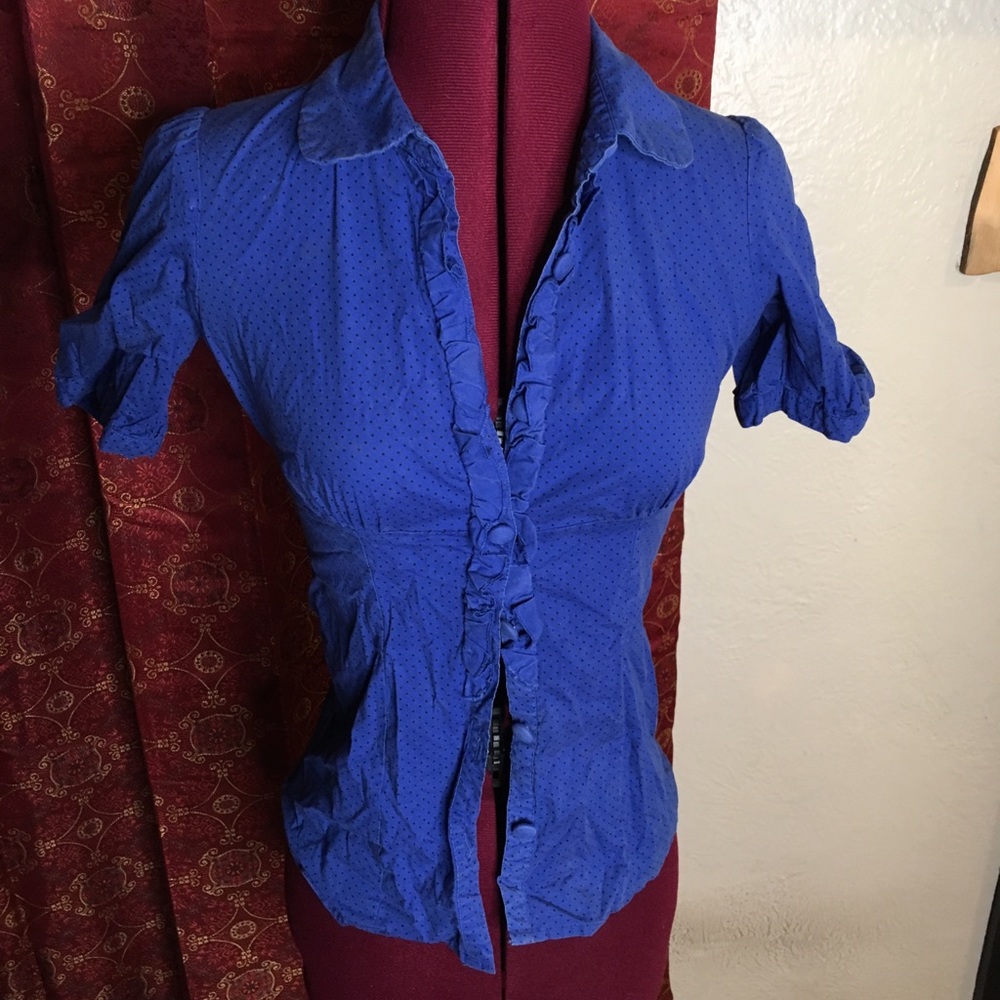Blue with black polka dot collar button down